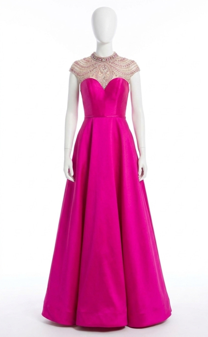 NEW TERANI COUTURE jeweled cap sleeves prom dress in fuchsia